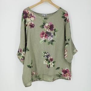 100% Lin Blanc Floral 100% Linen Lagenlook Top XL